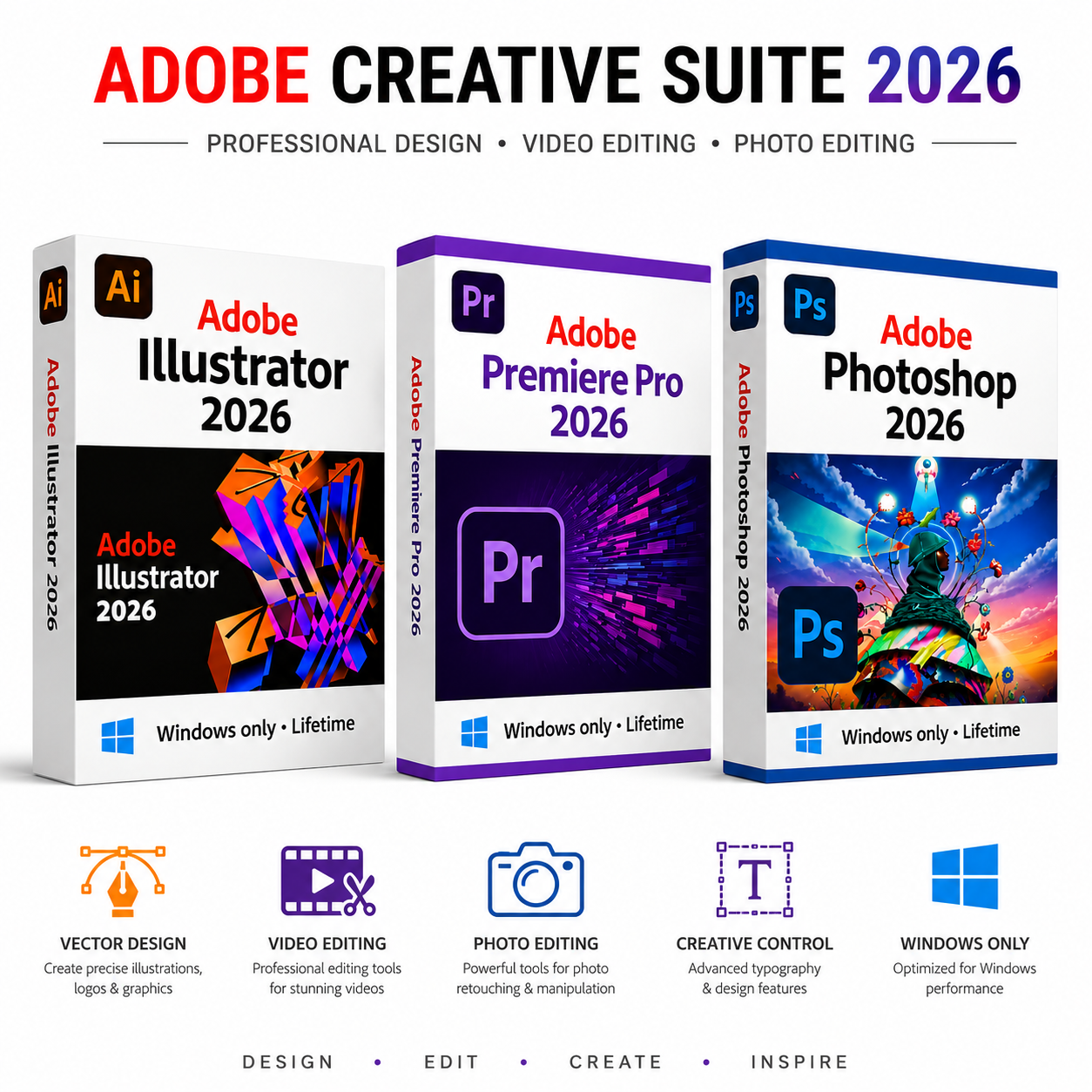 Adobe Creative Suite 2026 Bundle for Windows | Photoshop, Illustrator & Premiere Pro